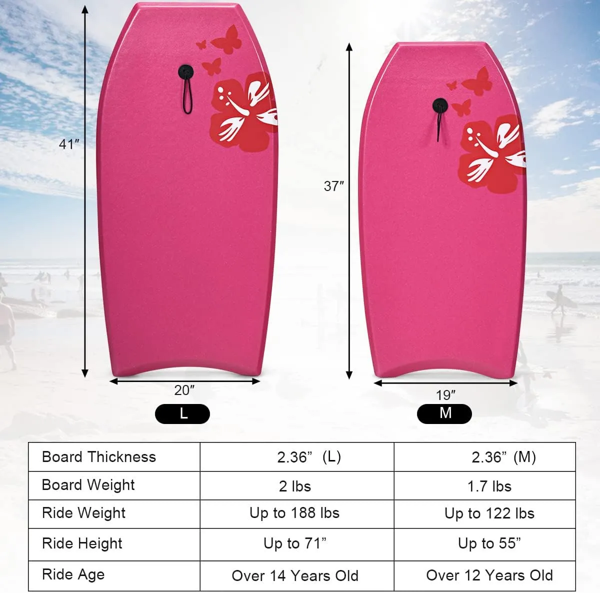GYMAX Boogie Boards for Beach, 33"/37"/41" Body Board with EPS Foam Core, Crescent Tail, Dual Channel & Wrist Leash, Lightweight Bodyboard for Kids, Youth, Adults