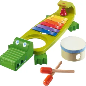 HABA Wooden Musical Instrument Set – Symphony Croc 5-in-1 Toddler Instruments with Drum, Xylophone, Guiro, Bell & Mallets – Musical Toys for Preschool Learning & Sensory Play for Kids Ages 2 