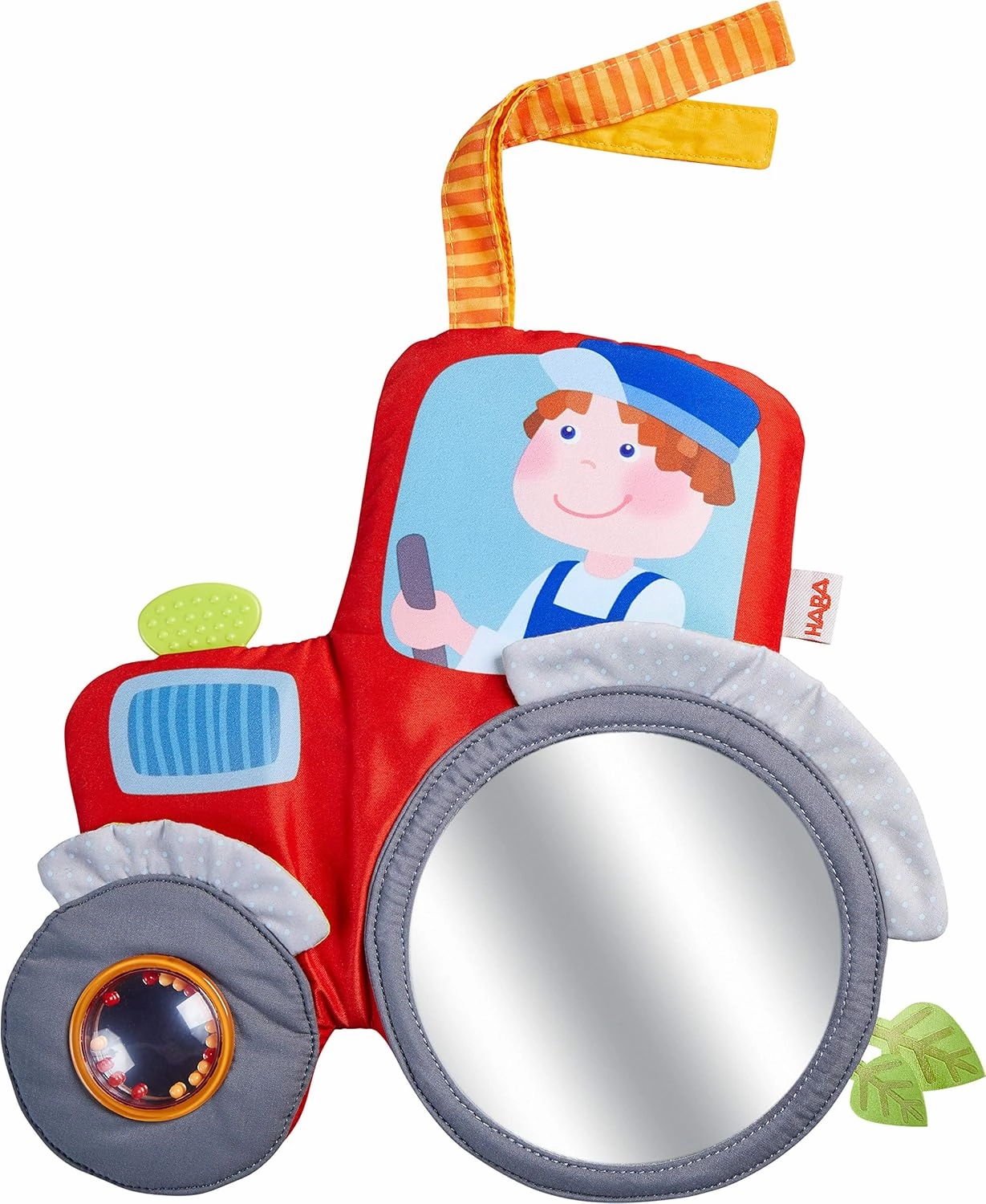 HABA 305407 Tractor Play Cushion Soft Toy for Baby Seat, Pram and Cot with Play Elements for All Senses, Baby Toy from 6 Months