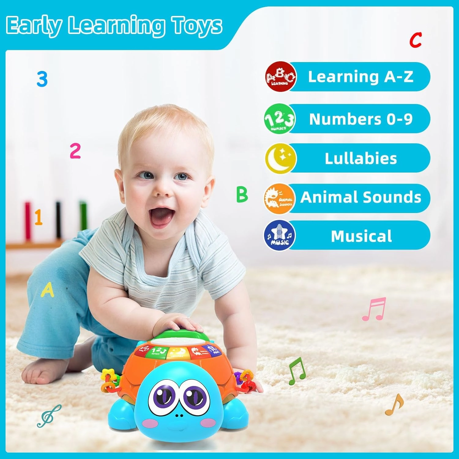 Hanayo Baby Toys 6 to 12 Months，Musical Turtle Crawling Girl Toys for 12-18 Months,Infant Early Learning Educational Toy,Girl & Boy Gift Essentials for Newborn 7 8 9 11  Months 1-2 Year Old(Blue)