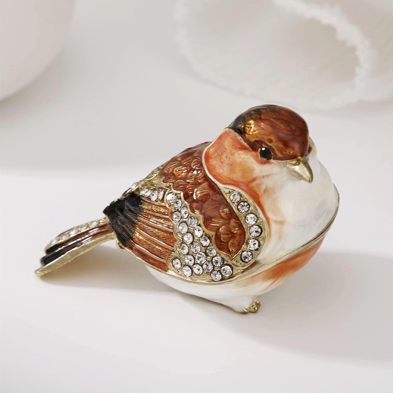 Hand Painted Enamel Goldfinch Trinket Box for Home Decor, Hinged Jewelry Organizer for Ring Earrings, Unique Figurine Keepsake Collectible Personalized Elegant Handmade Ornament Gifts (Gold Finch)