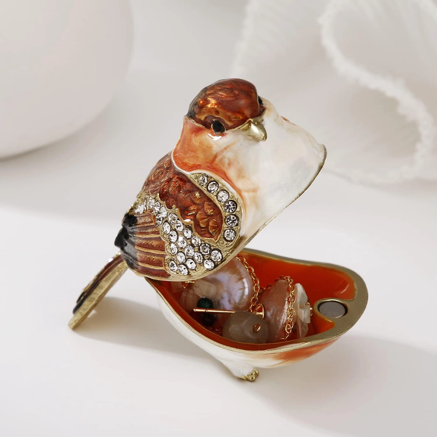 Hand Painted Enamel Goldfinch Trinket Box for Home Decor, Hinged Jewelry Organizer for Ring Earrings, Unique Figurine Keepsake Collectible Personalized Elegant Handmade Ornament Gifts (Gold Finch)