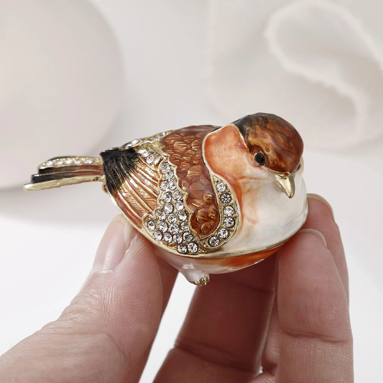 Hand Painted Enamel Goldfinch Trinket Box for Home Decor, Hinged Jewelry Organizer for Ring Earrings, Unique Figurine Keepsake Collectible Personalized Elegant Handmade Ornament Gifts (Gold Finch)