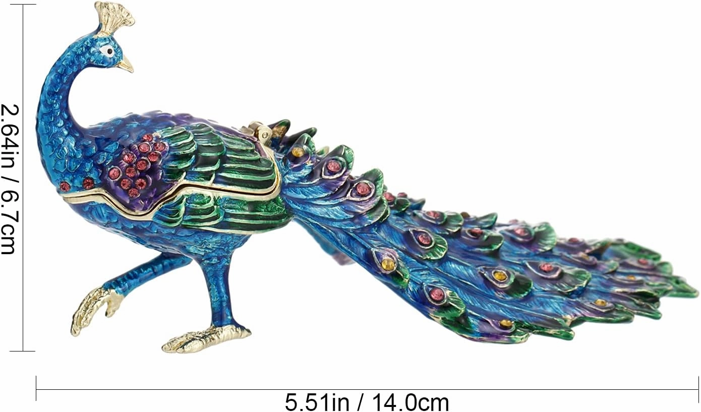 Hand Painted Peacock Trinket Box for Home Decor, Hinged Enamel Jewelry Organizer Storage for Ring Earrings, Unique Figurine Keepsake Collectible Personalized Elegant Ornaments (Peacock)