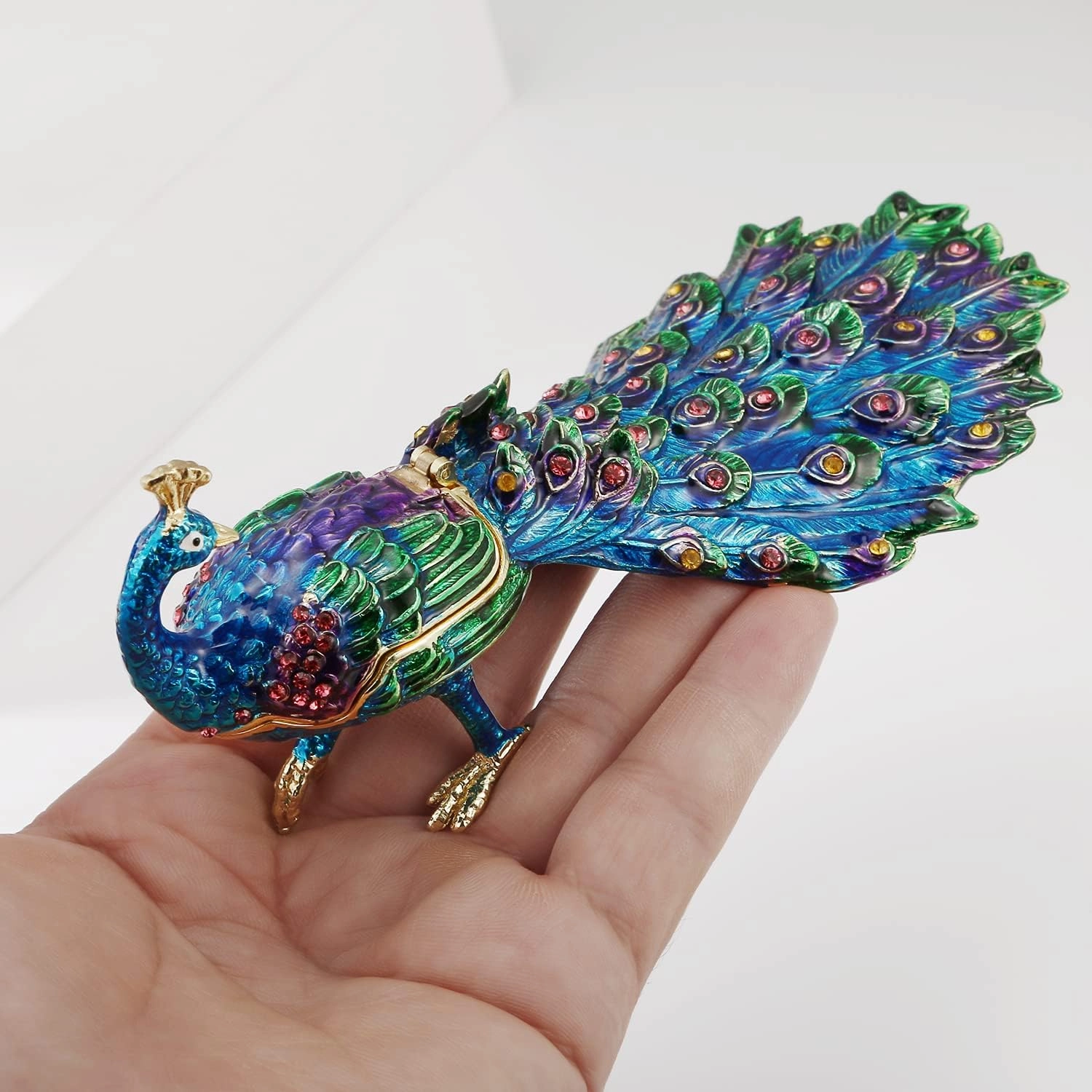 Hand Painted Peacock Trinket Box for Home Decor, Hinged Enamel Jewelry Organizer Storage for Ring Earrings, Unique Figurine Keepsake Collectible Personalized Elegant Ornaments (Peacock)