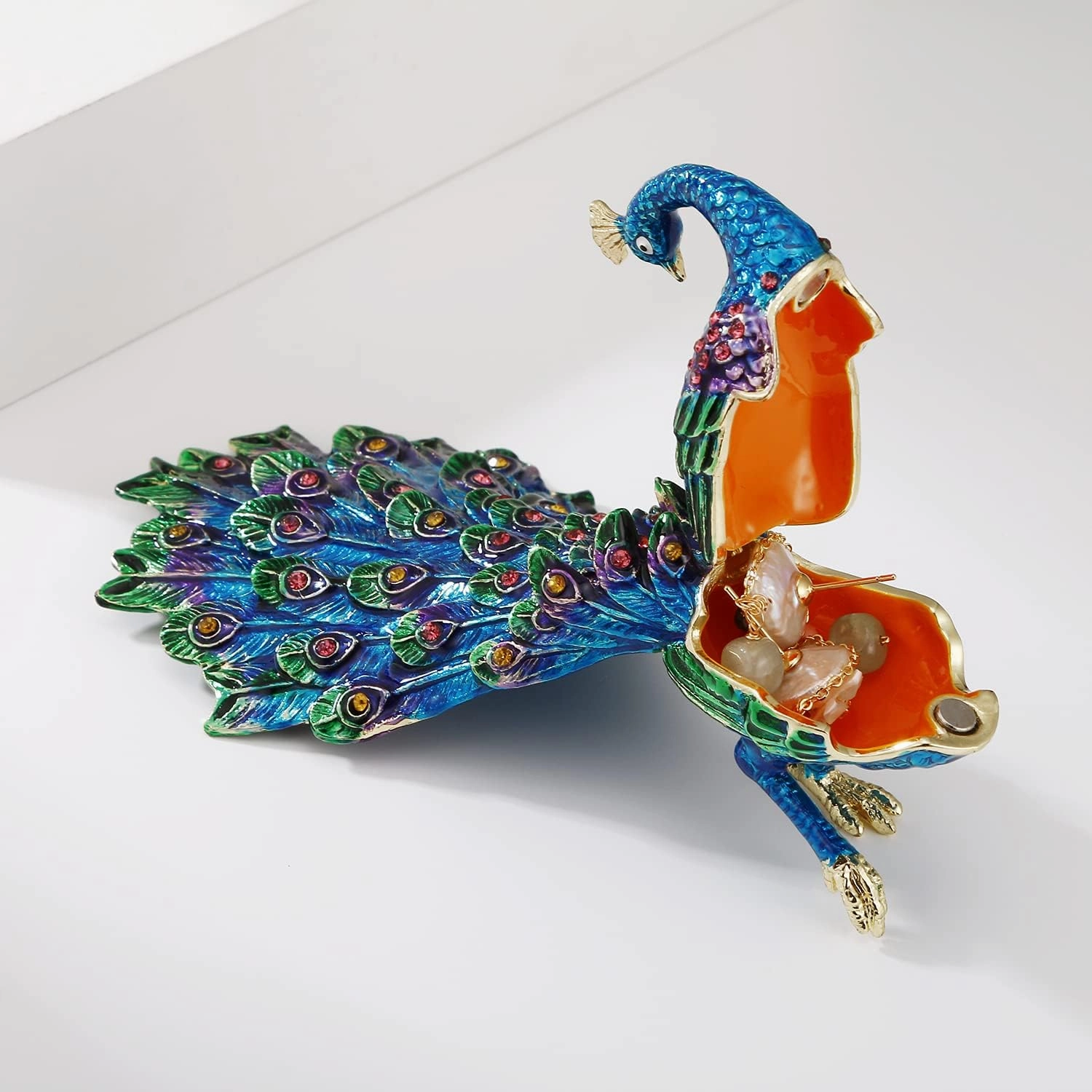 Hand Painted Peacock Trinket Box for Home Decor, Hinged Enamel Jewelry Organizer Storage for Ring Earrings, Unique Figurine Keepsake Collectible Personalized Elegant Ornaments (Peacock)