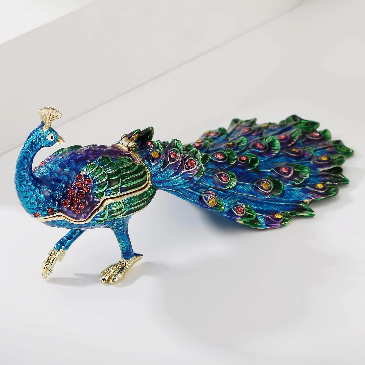 Hand Painted Peacock Trinket Box for Home Decor, Hinged Enamel Jewelry Organizer Storage for Ring Earrings, Unique Figurine Keepsake Collectible Personalized Elegant Ornaments (Peacock)