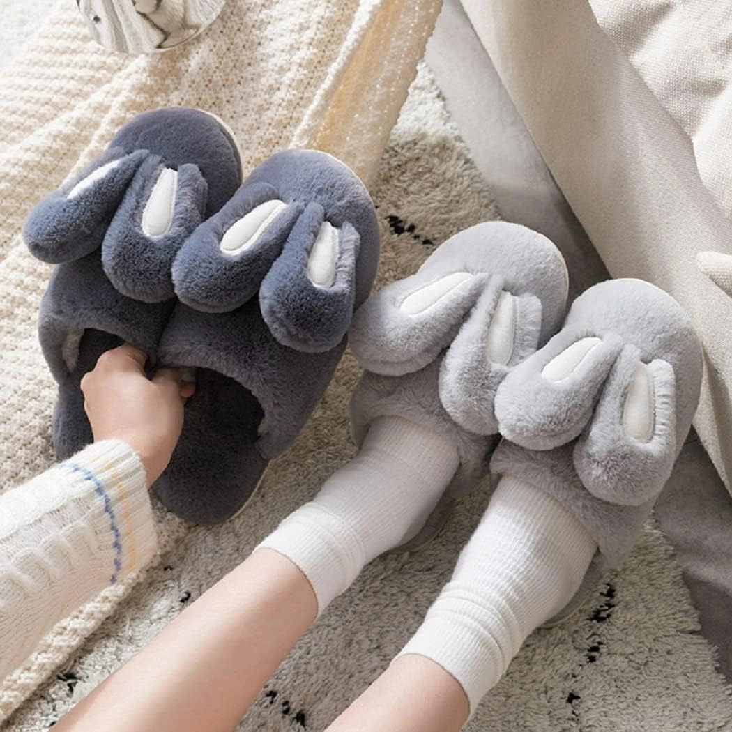 HANDKEI Women's Cute Rabbit Ears Winter Plush Non-Slip Fluffy Slippers - Men's Indoor House Warm Slippers