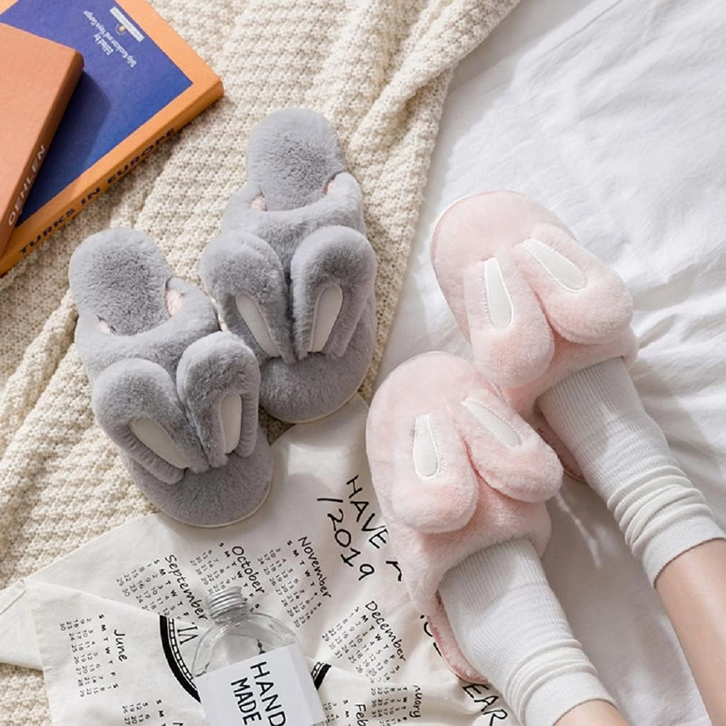 HANDKEI Women's Cute Rabbit Ears Winter Plush Non-Slip Fluffy Slippers - Men's Indoor House Warm Slippers