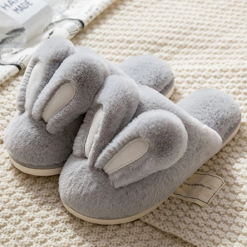 HANDKEI Women's Cute Rabbit Ears Winter Plush Non-Slip Fluffy Slippers - Men's Indoor House Warm Slippers