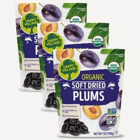Happy Village Organic Soft Dried Plums 21 OZ (3 Packs of 7 OZ) – Soft & Juicy Prunes with No Refined Sugar, Organic, Non-GMO, Kosher, Gluten-Free