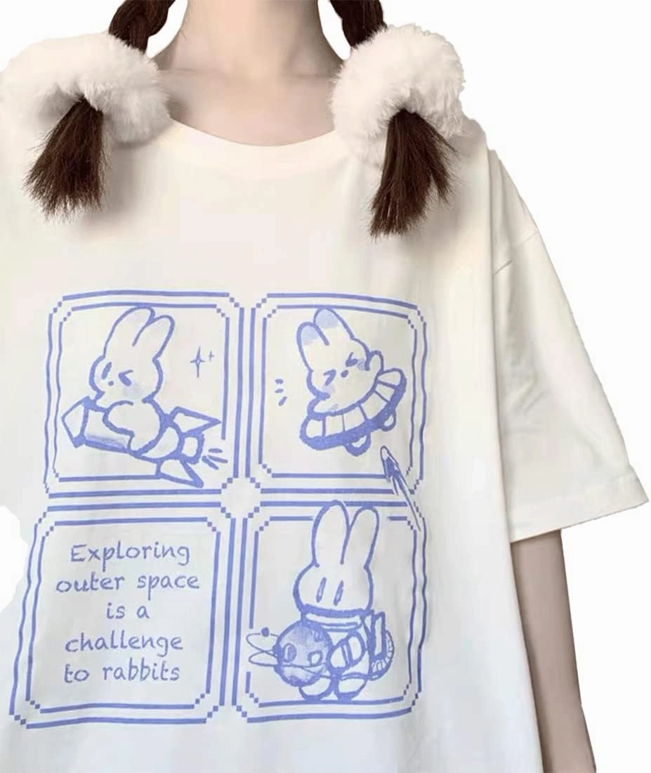 Harajuku Fashion Kawaii Goth Casual Style Soft Loose Crewneck Cute Cartoon Space Bunny Print T-Shirt