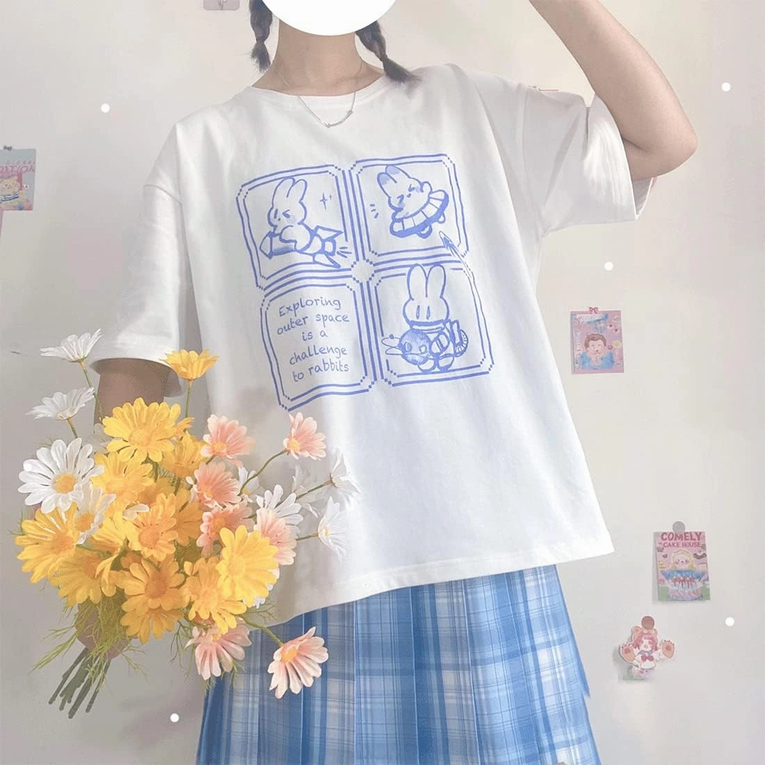Harajuku Fashion Kawaii Goth Casual Style Soft Loose Crewneck Cute Cartoon Space Bunny Print T-Shirt