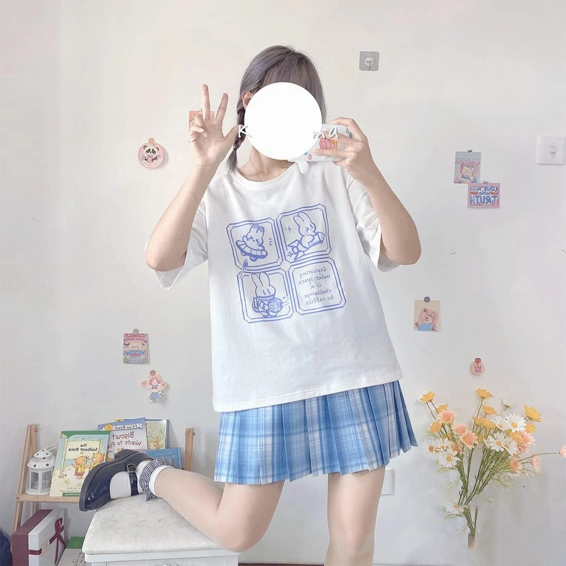 Harajuku Fashion Kawaii Goth Casual Style Soft Loose Crewneck Cute Cartoon Space Bunny Print T-Shirt
