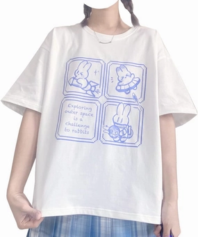 Harajuku Fashion Kawaii Goth Casual Style Soft Loose Crewneck Cute Cartoon Space Bunny Print T-Shirt