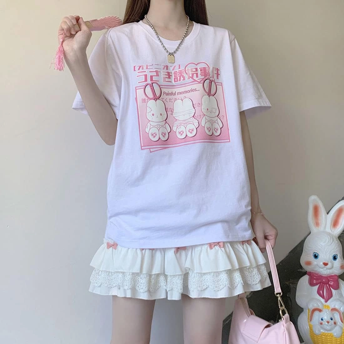 Harajuku Kawaii Fashion Goth Casual Short Sleeve Crewneck Cartoon Injured Bunny Doll Print T-Shirt