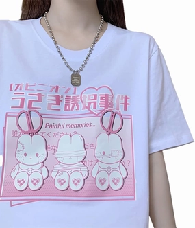 Harajuku Kawaii Fashion Goth Casual Short Sleeve Crewneck Cartoon Injured Bunny Doll Print T-Shirt