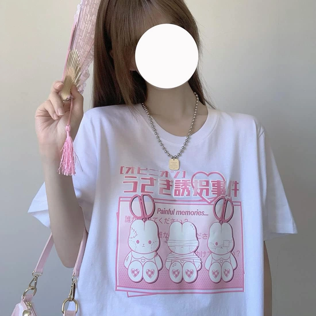 Harajuku Kawaii Fashion Goth Casual Short Sleeve Crewneck Cartoon Injured Bunny Doll Print T-Shirt