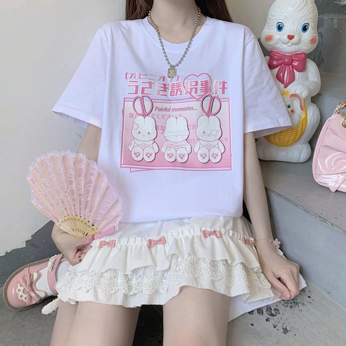 Harajuku Kawaii Fashion Goth Casual Short Sleeve Crewneck Cartoon Injured Bunny Doll Print T-Shirt