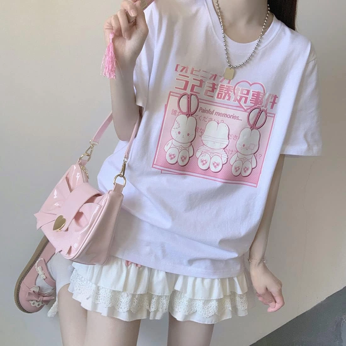 Harajuku Kawaii Fashion Goth Casual Short Sleeve Crewneck Cartoon Injured Bunny Doll Print T-Shirt