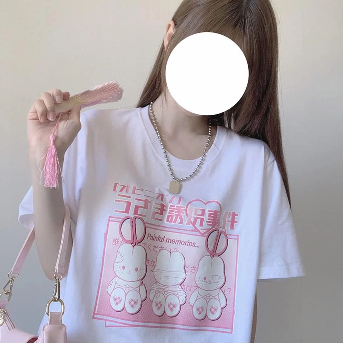 Harajuku Kawaii Fashion Goth Casual Short Sleeve Crewneck Cartoon Injured Bunny Doll Print T-Shirt