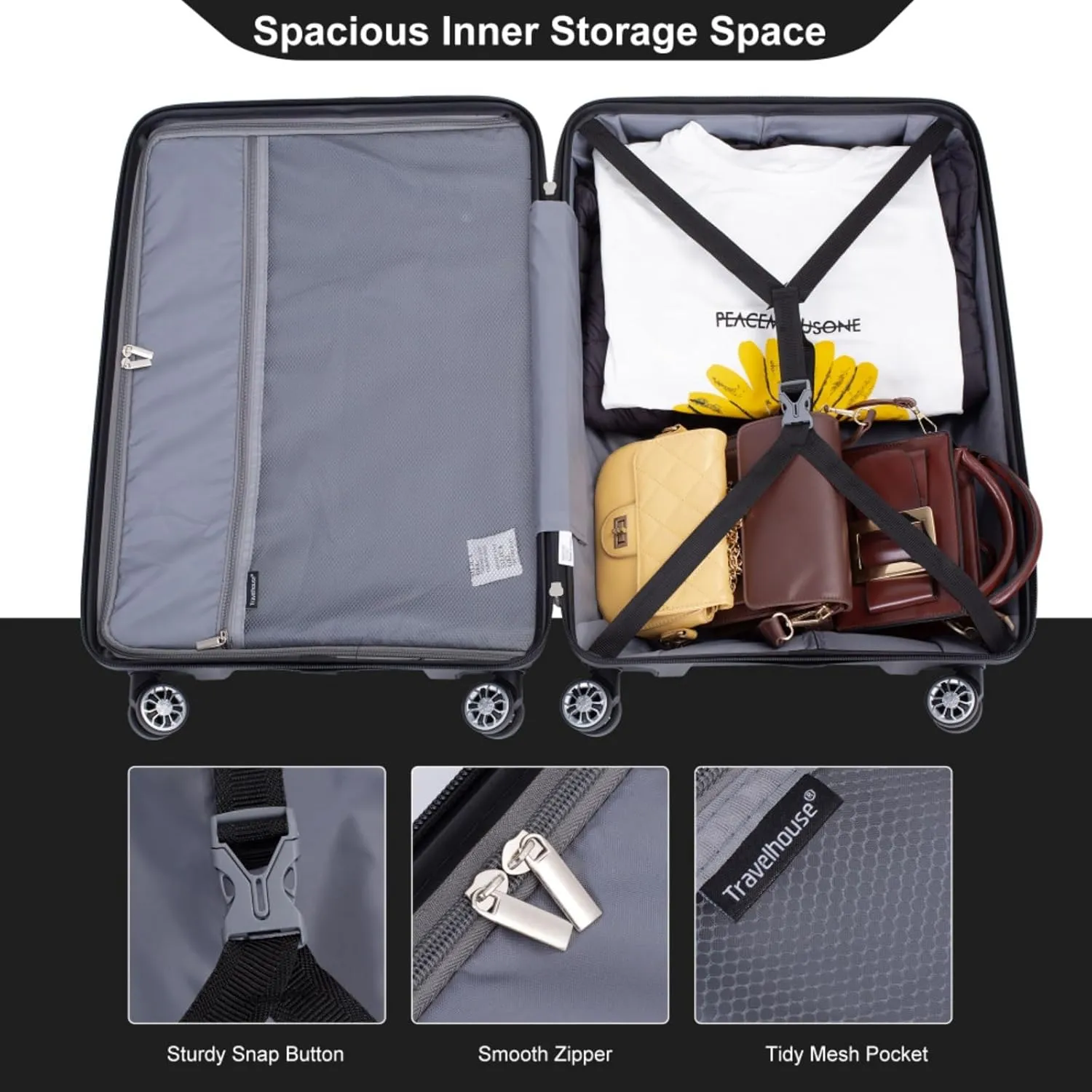 Hardshell Suitcase Double Spinner Wheels PP Luggage Sets Lightweight Durable Suitcase with Lock,3-Piece Set (20/24/28) (Black   Polypropylene)