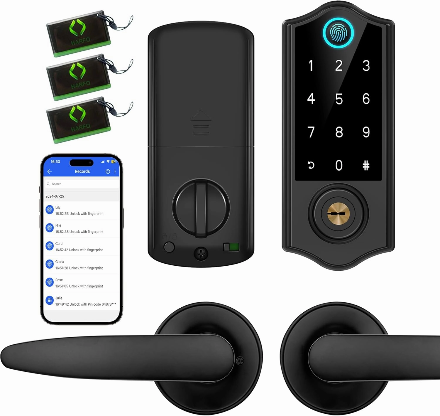 Harfo Smart Fingerprint Door Lock, Keyless Entry Deadbolt, Full App Control Biometric Lock, Electronic Digital Touchscreen Keypad, Auto Lock, Easy Install, Black