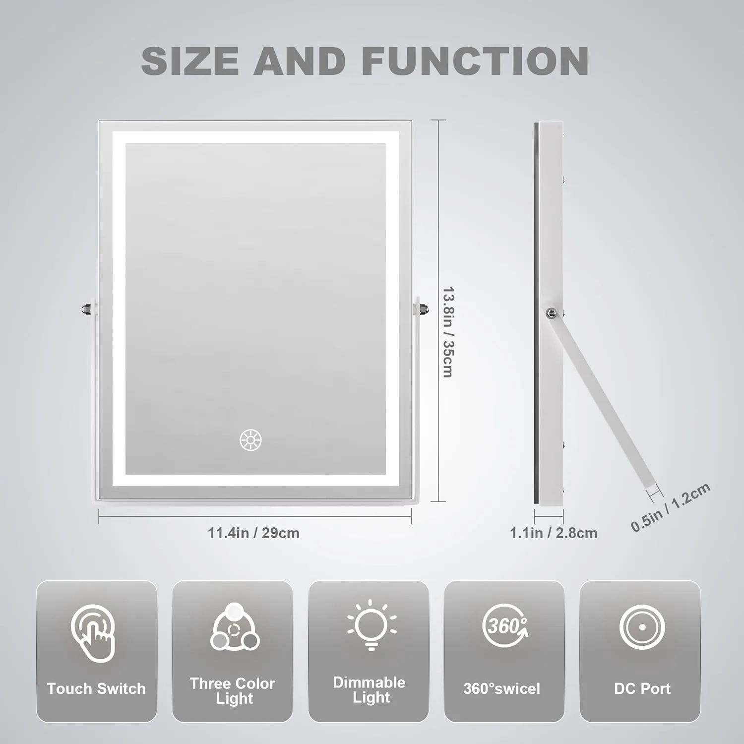 Hasipu Vanity Mirror with Lights, 11.4" x 13.8" LED Makeup Mirror with 10X Magnification, Smart Touch 3 Colors Dimmable, Brightness Adjustment, 360° Rotation, White