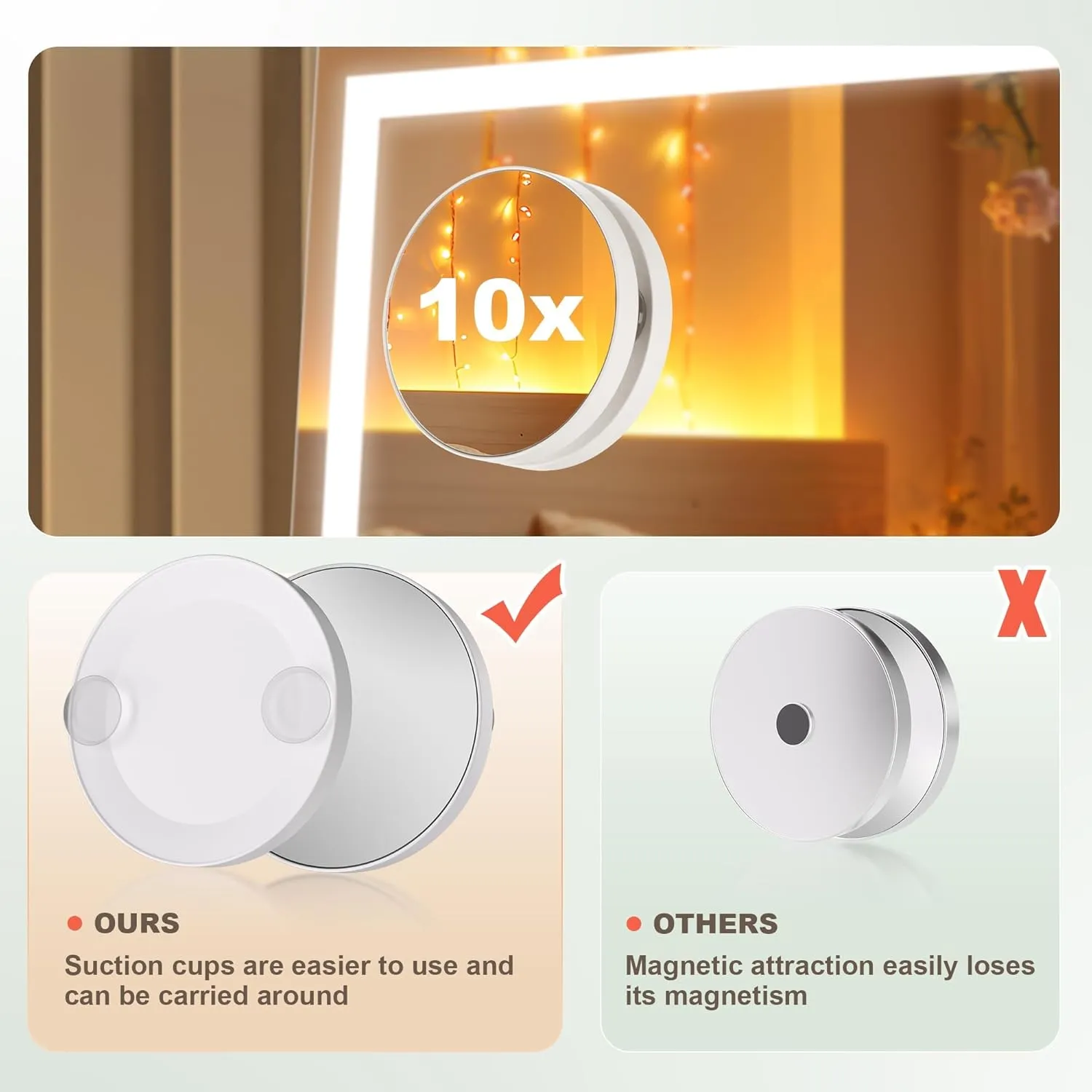Hasipu Vanity Mirror with Lights, 11.4" x 13.8" LED Makeup Mirror with 10X Magnification, Smart Touch 3 Colors Dimmable, Brightness Adjustment, 360° Rotation, White