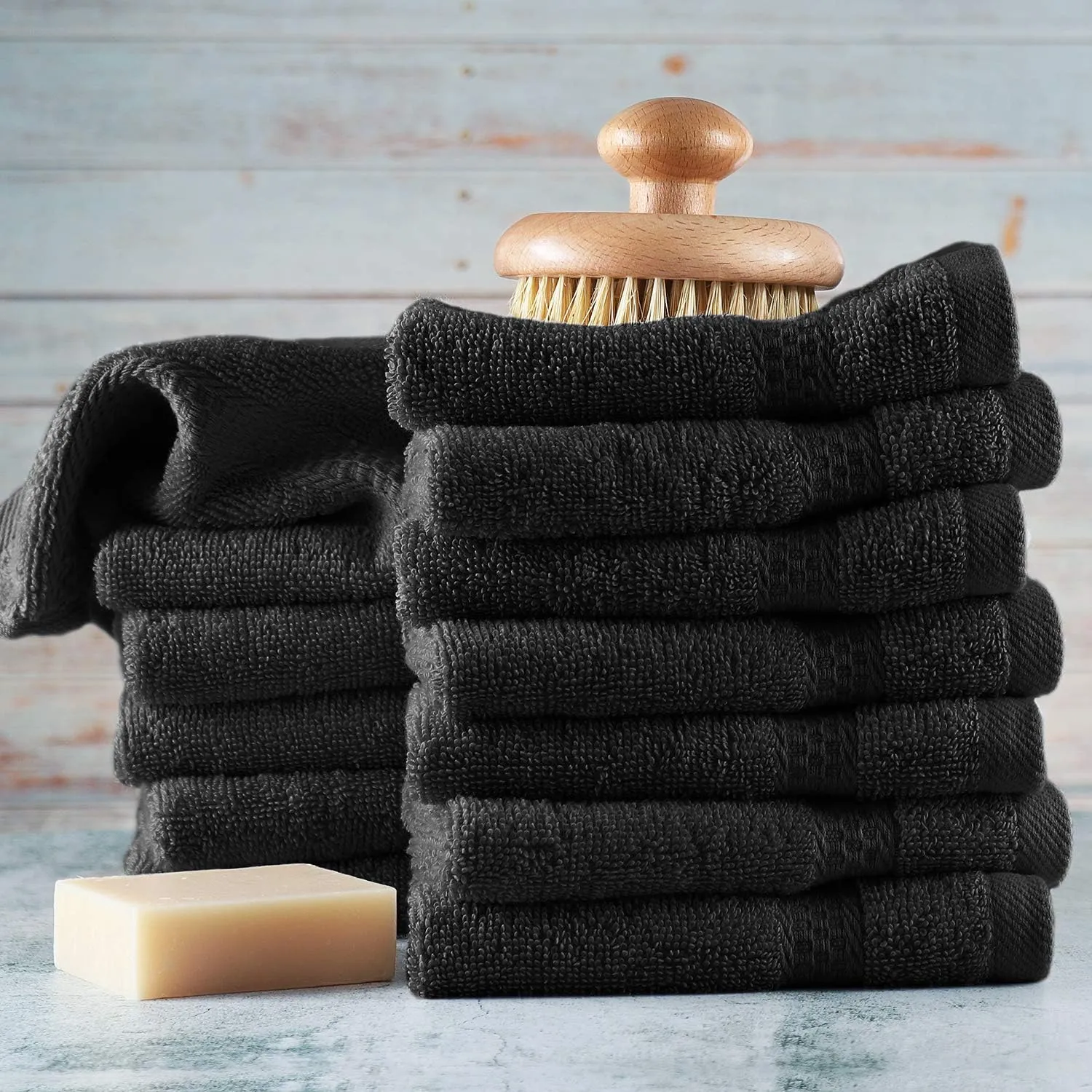 Hearth & Harbor Washcloths 12 Pack - 100% Cotton Washcloth for Body and face, High Absorbent and Soft 13"x13" Body Wash Cloth, Quick Dry - Black Washcloths
