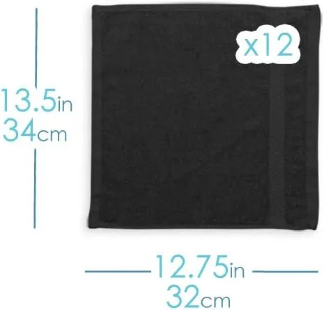 Hearth & Harbor Washcloths 12 Pack - 100% Cotton Washcloth for Body and face, High Absorbent and Soft 13"x13" Body Wash Cloth, Quick Dry - Black Washcloths