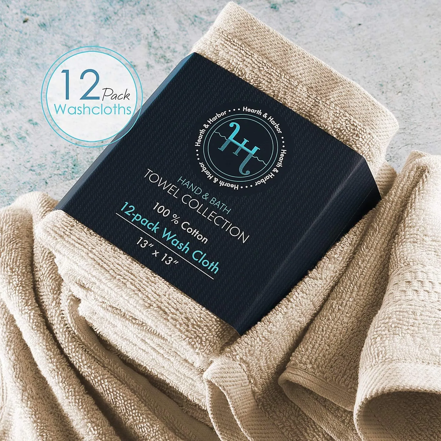 Hearth & Harbor Washcloths 12 Pack - 100% Cotton Washcloth for Body and face, High Absorbent and Soft 13"x13" Body Wash Cloth, Quick Dry - Cream Washcloths