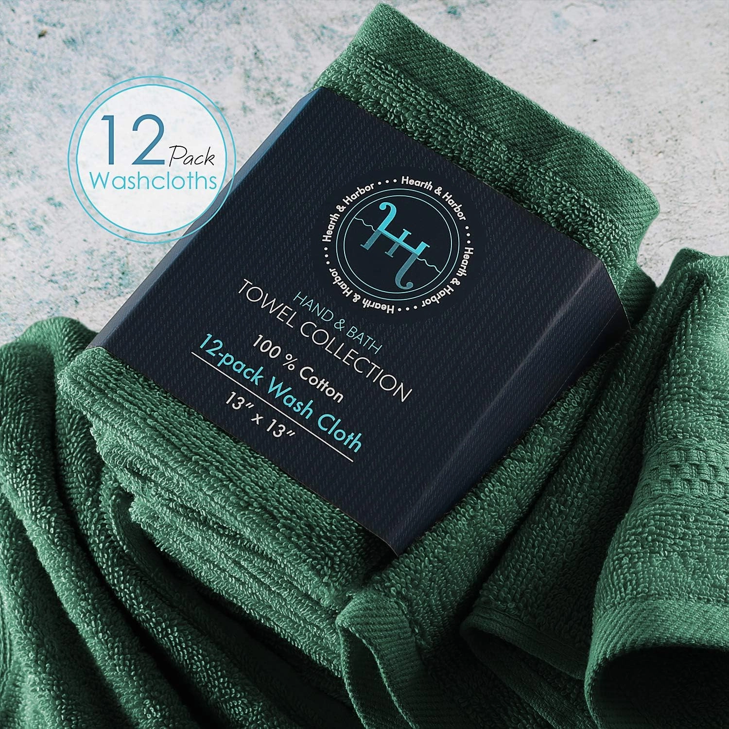 Hearth & Harbor Washcloths 12 Pack - 100% Cotton Washcloth for Body and face, High Absorbent and Soft 13"x13" Body Wash Cloth, Quick Dry - Hunter Green Washcloths
