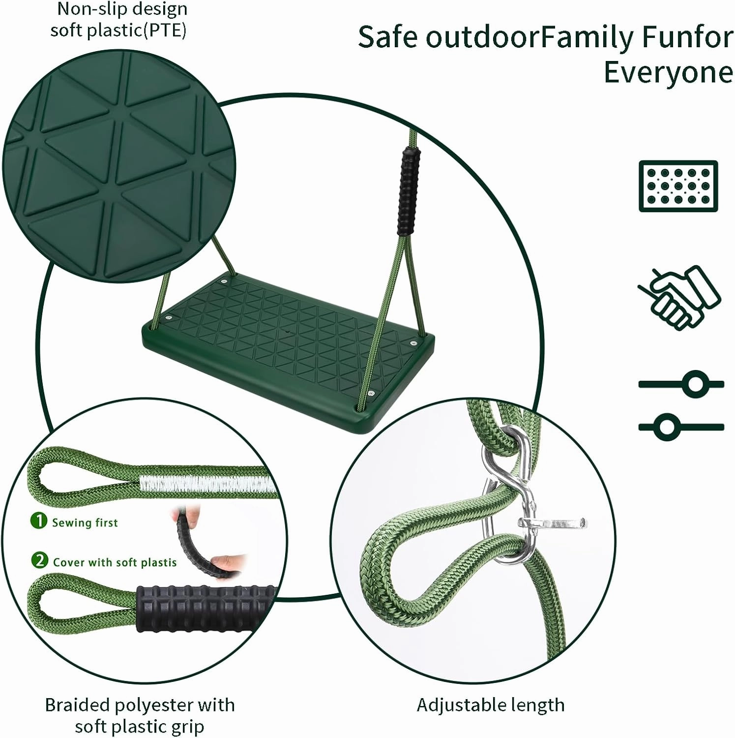 Heavy Duty Swing Seat, Non Slip Tree Swing Set with Adjustable Rope, Playground Swing Set Accessories for Kid Indoor Outdoor Backyard (Green)
