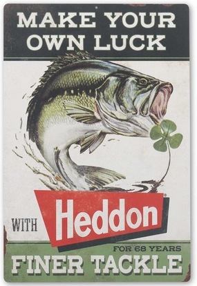 Heddon Lures Make Your Own Luck Metal Sign - Vintage Heddon Wall Decor for Man Cave or Garage