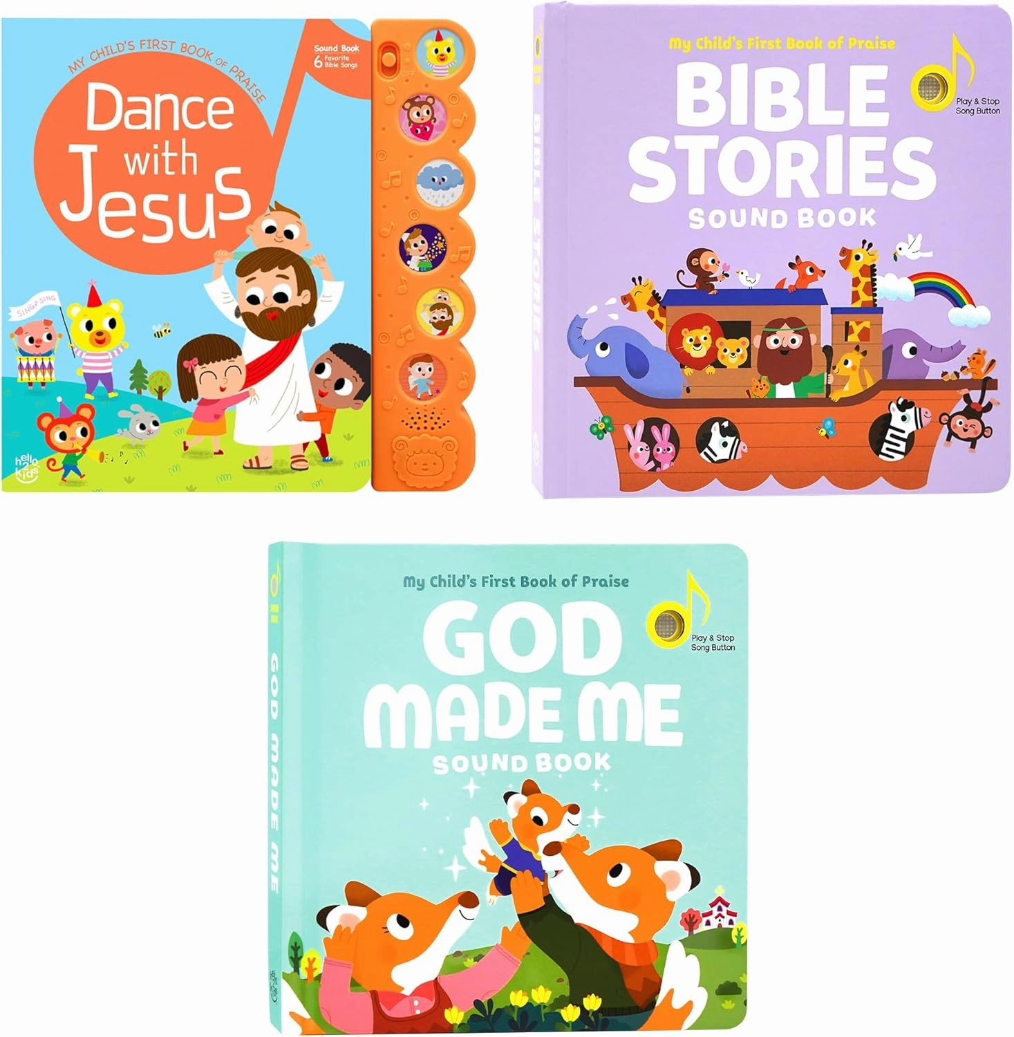 Hello 2 Kids Dance with Jesus, Bible Stories and God Made Me - Bundle of 3 Interactive Sound Books for Toddlers 1-3 | 6 Bible Songs & Illustrations per Book, Musical Toys | Baptism Gifts for Toddlers
