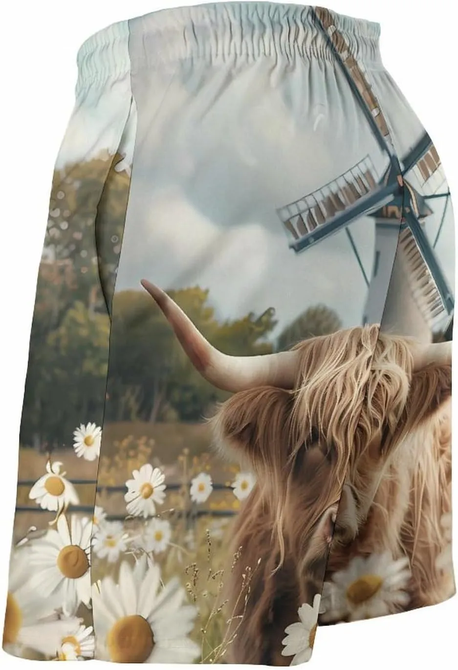 Highland Cow White Daisy Flower Men's Swim Trunks Breathable Bathing Suit Swimming Board Shorts Hawaiian Beach Swimwear