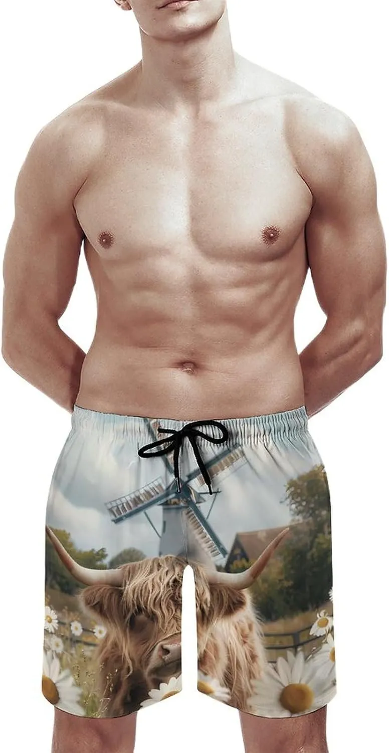Highland Cow White Daisy Flower Men's Swim Trunks Breathable Bathing Suit Swimming Board Shorts Hawaiian Beach Swimwear