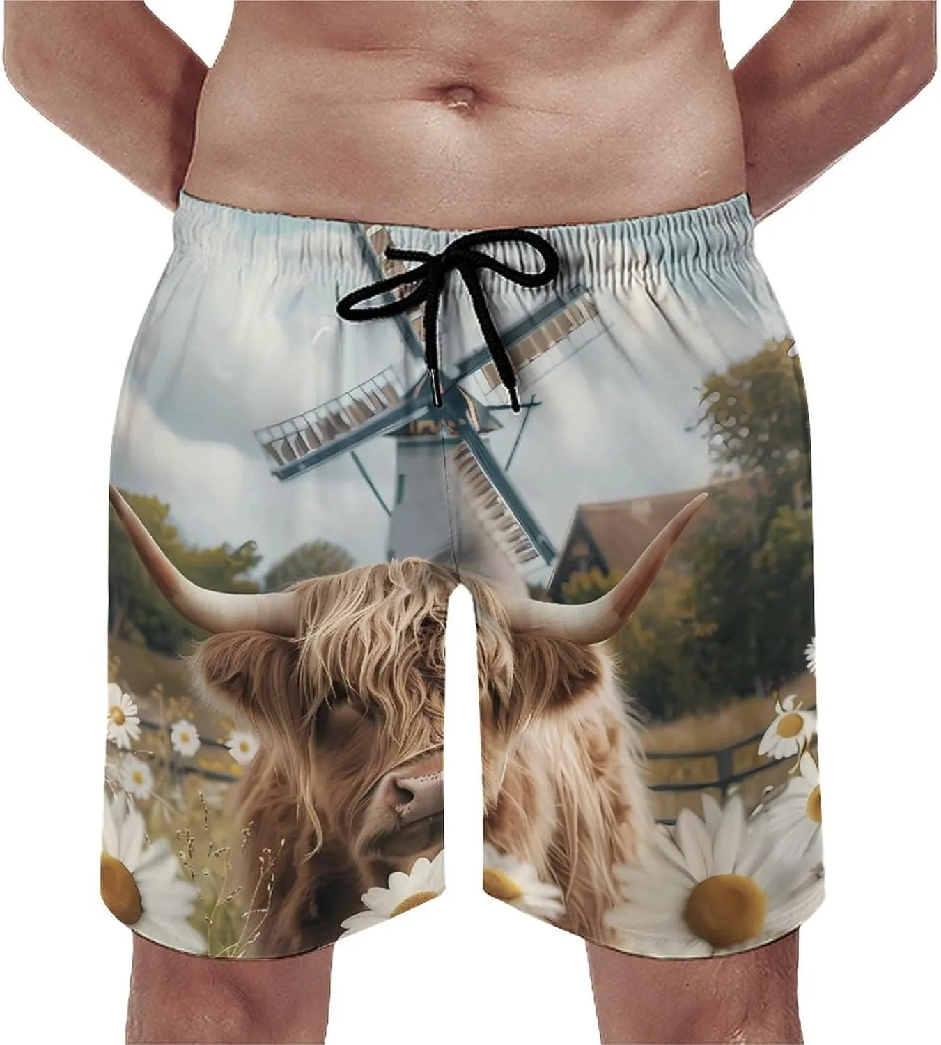 Highland Cow White Daisy Flower Men's Swim Trunks Breathable Bathing Suit Swimming Board Shorts Hawaiian Beach Swimwear
