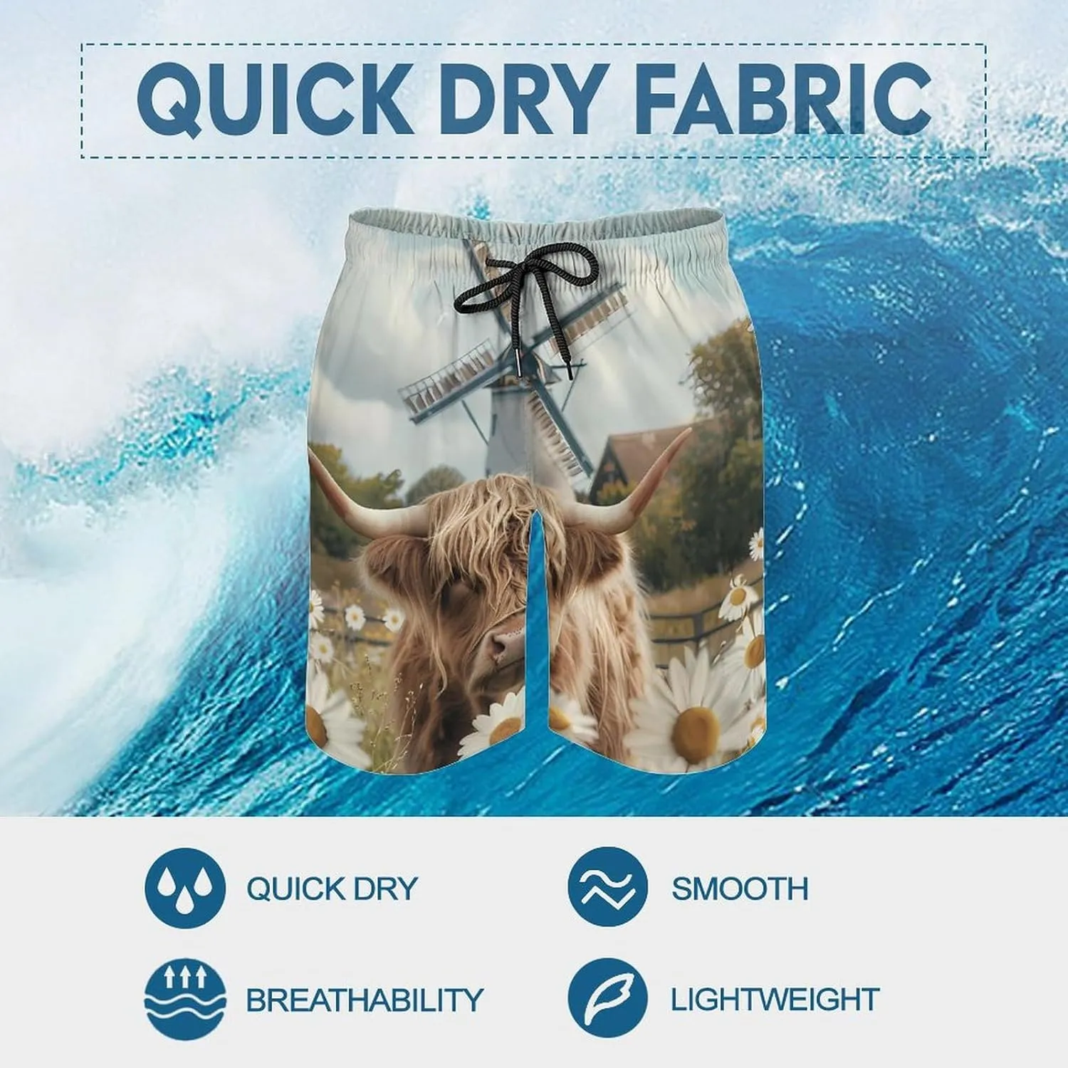 Highland Cow White Daisy Flower Men's Swim Trunks Breathable Bathing Suit Swimming Board Shorts Hawaiian Beach Swimwear