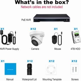 HIK-Vision 4K 8MP PoE IP Kit EKI-K164T812A, 16 Channel 4K 8MP NVR 4TB with 12 x 4K Outdoor Turret Dome Cameras 2.8mm Wide Angle IP67 H.265  Compatible with Hikvision Hik-Connect, Cable not Included