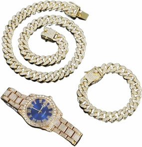 Hip Hop 13MM 3PCS KIT Watch Necklace Bracelet Bling Crystal Iced Out Cuban Chain Rhinestones Chains For Women Men Jewelry