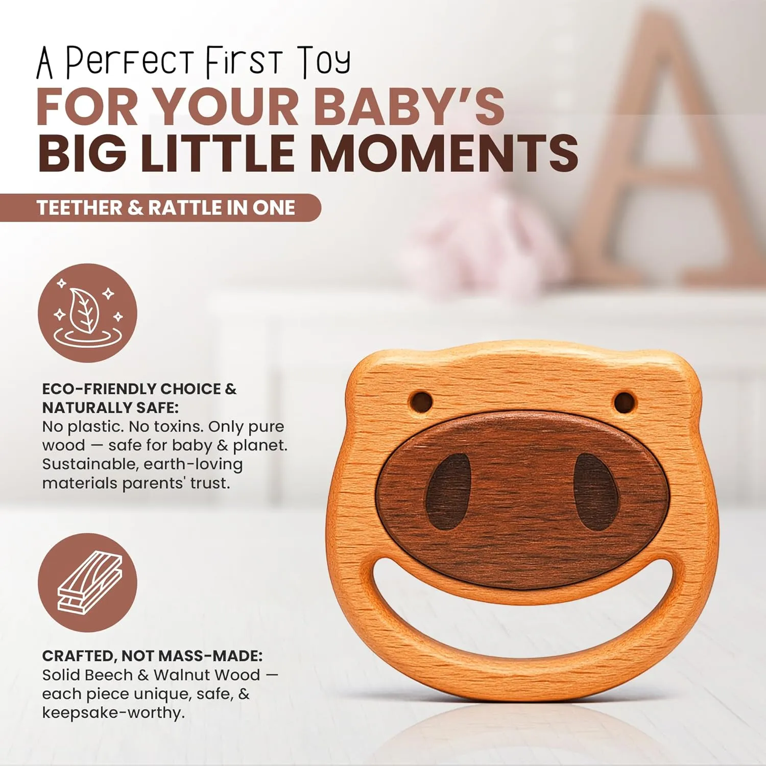 HippoToys Handmade Wooden Baby Rattle & Teething Toy - Premium Baby Rattle for 6-12 Months with 100% Natural Wood - Montessori Interactive Rattle for Sensory Development - Perfect Gift for Newborns