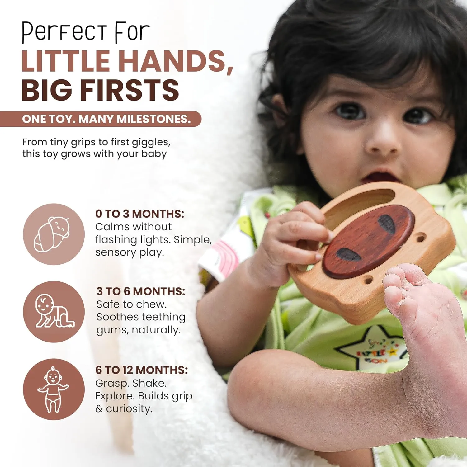 HippoToys Handmade Wooden Baby Rattle & Teething Toy - Premium Baby Rattle for 6-12 Months with 100% Natural Wood - Montessori Interactive Rattle for Sensory Development - Perfect Gift for Newborns