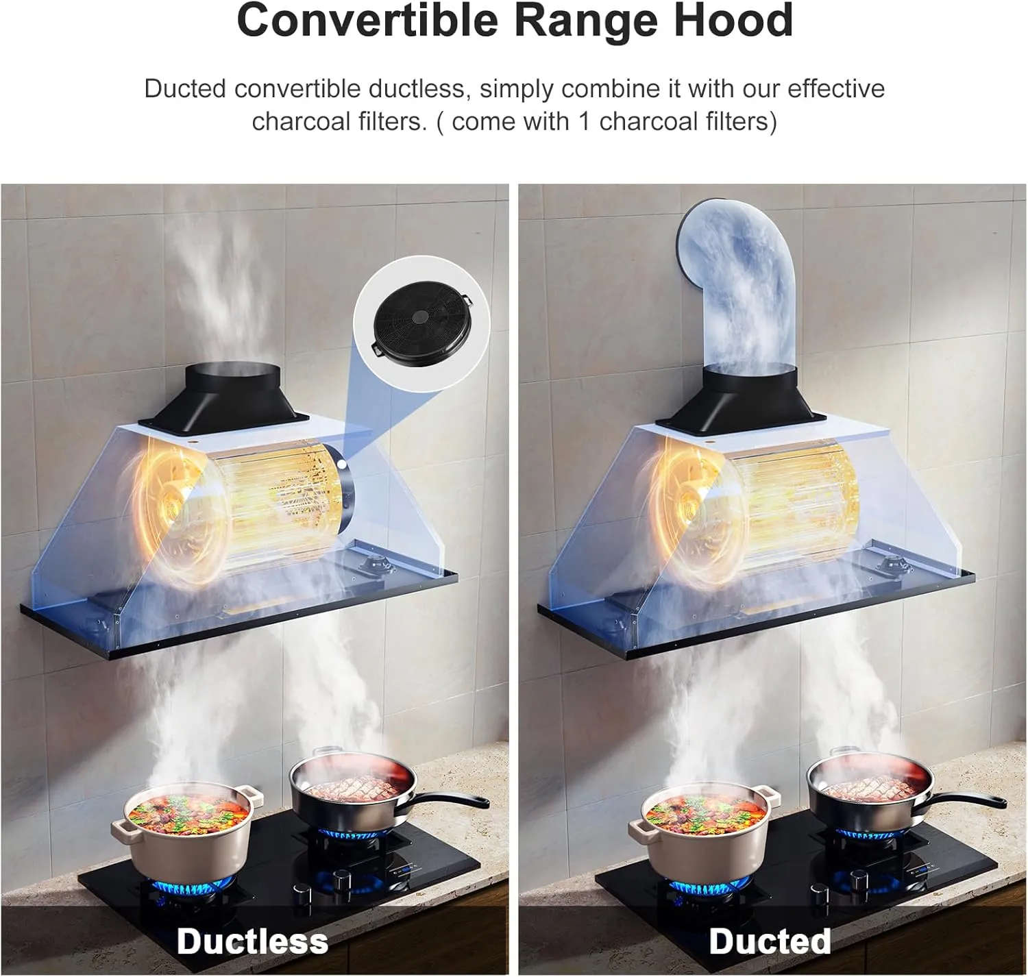 HisoHu Built-in/Insert Range Hood 900 CFM, Ducted/Ductless Convertible Duct, Stainless Steel Kitchen Vent Hood with 2 Pcs Adjustable Lights and 3 Pcs Baffle Filters (black, 36 inch)