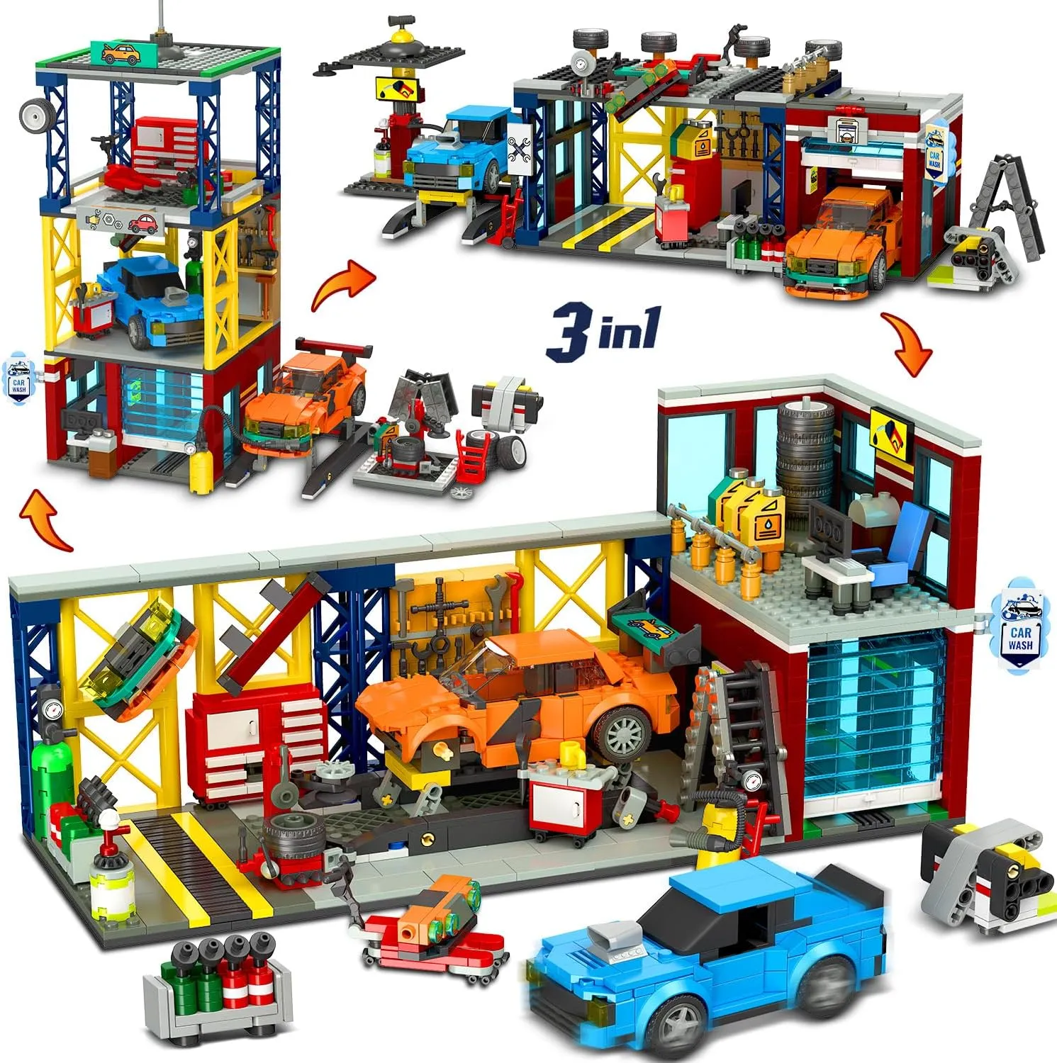 HOGOKIDS City Car Garage Building Set, 1022 PCS 3 in 1 Auto Repair Shop, Gas Station, Car Wash Building Block with 2 Custom Cars Pretend Play Mechanic Toy Birthday Gift for 10  Kids Boys Teens Girls