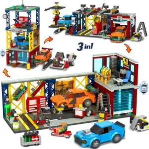 HOGOKIDS City Car Garage Building Set, 1022 PCS 3 in 1 Auto Repair Shop, Gas Station, Car Wash Building Block with 2 Custom Cars Pretend Play Mechanic Toy Birthday Gift for 10  Kids Boys Teens Girls