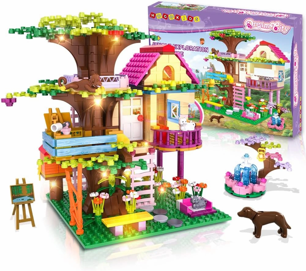 HOGOKIDS Tree House Building Set with LED Light - 613PCS Forest Girl House Building Block Toy with Fountain Animals, Birthday Gifts for Girls Boys Kids Ages 6-12  Years