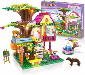 HOGOKIDS Tree House Building Set with LED Light - 613PCS Forest Girl House Building Block Toy with Fountain Animals, Birthday Gifts for Girls Boys Kids Ages 6-12  Years