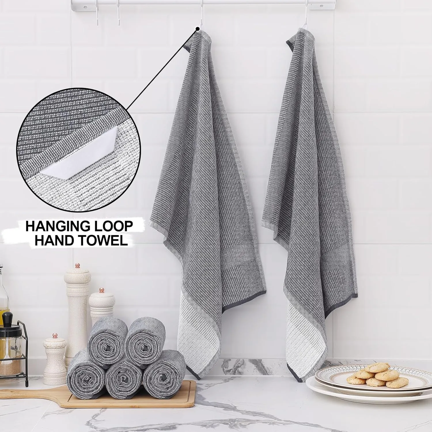 Homaxy Premium Kitchen Towels(18”x 28”, 6 Pack), Large Cotton Kitchen Hand Towels, Flat and Terry Dish Towels, 380 GSM Highly Absorbent Tea Towel Set with Hanging Loop, Grey